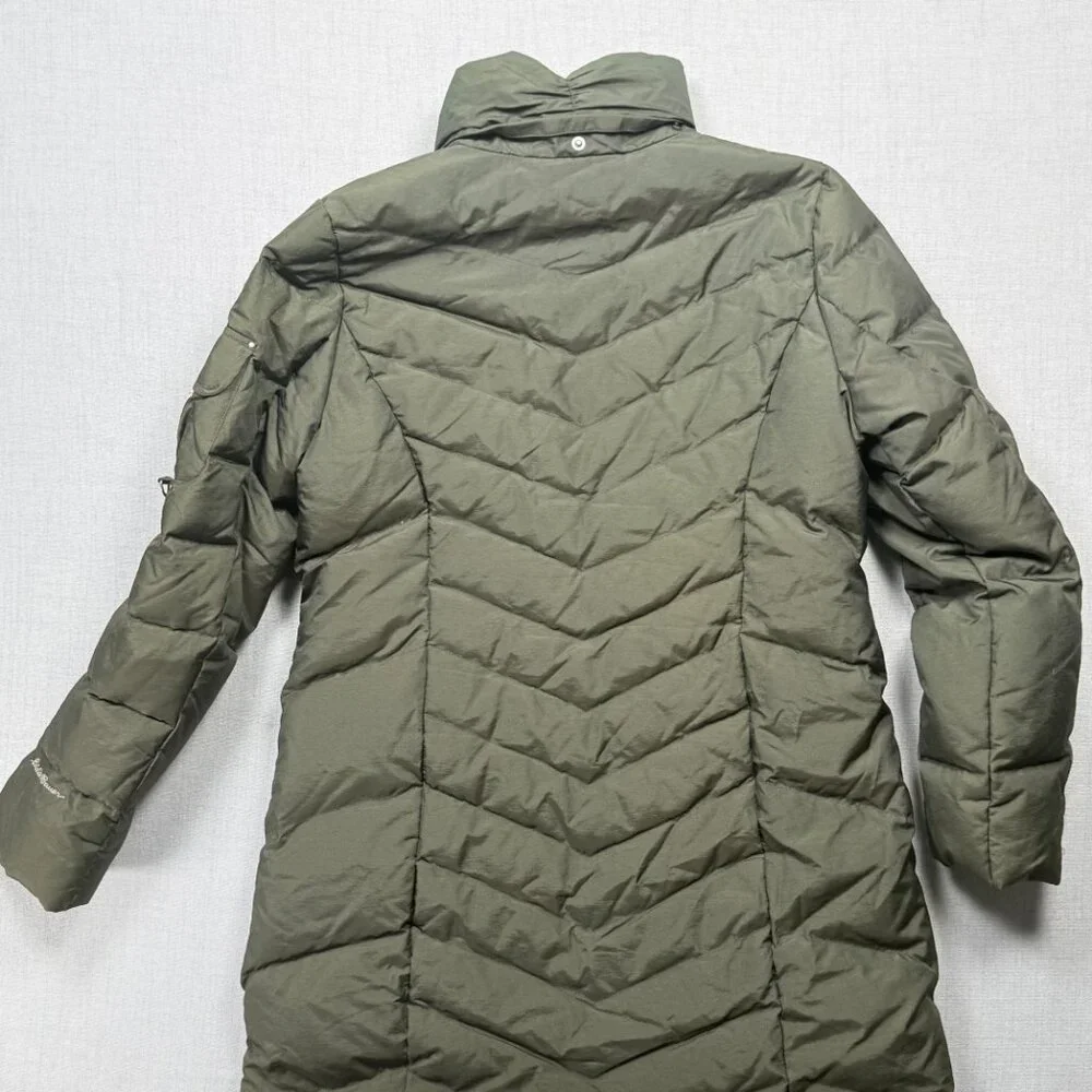 Eddie Bauer Long Puffer Down Coat Quilted Olive Green Nylon Blend Size L - Picture 2 of 9